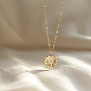 S925 Sterling Silver Leaf Round Initial Pendant Necklace - Metis Grace