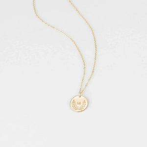 S925 Sterling Silver Leaf Round Initial Pendant Necklace - Metis Grace