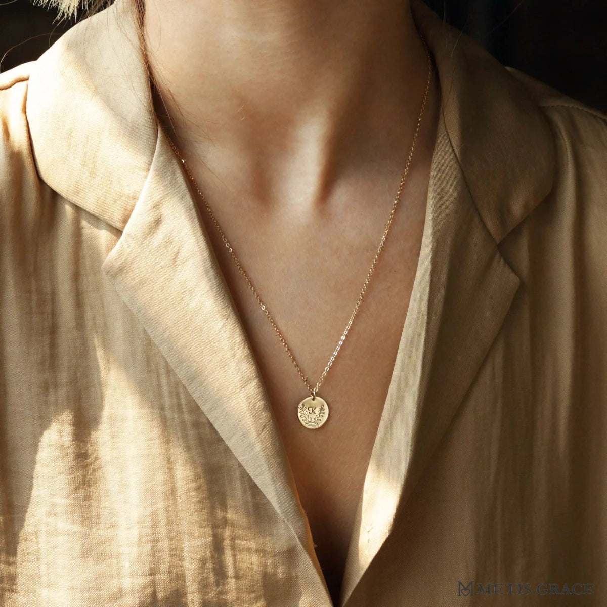 S925 Sterling Silver Leaf Round Initial Pendant Necklace - Metis Grace