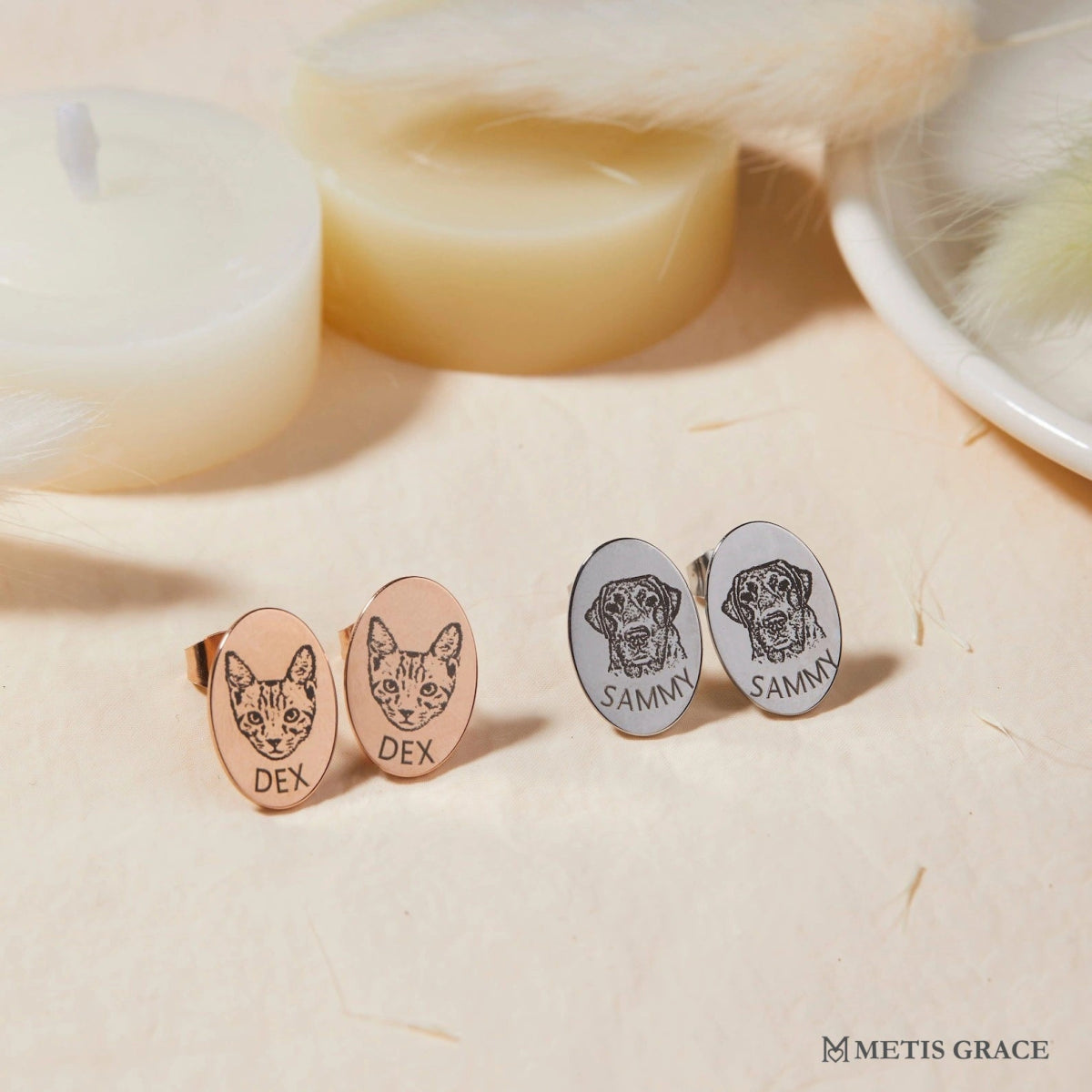 Custom Pet Photo & Name Oval Stud Earrings - Metis Grace