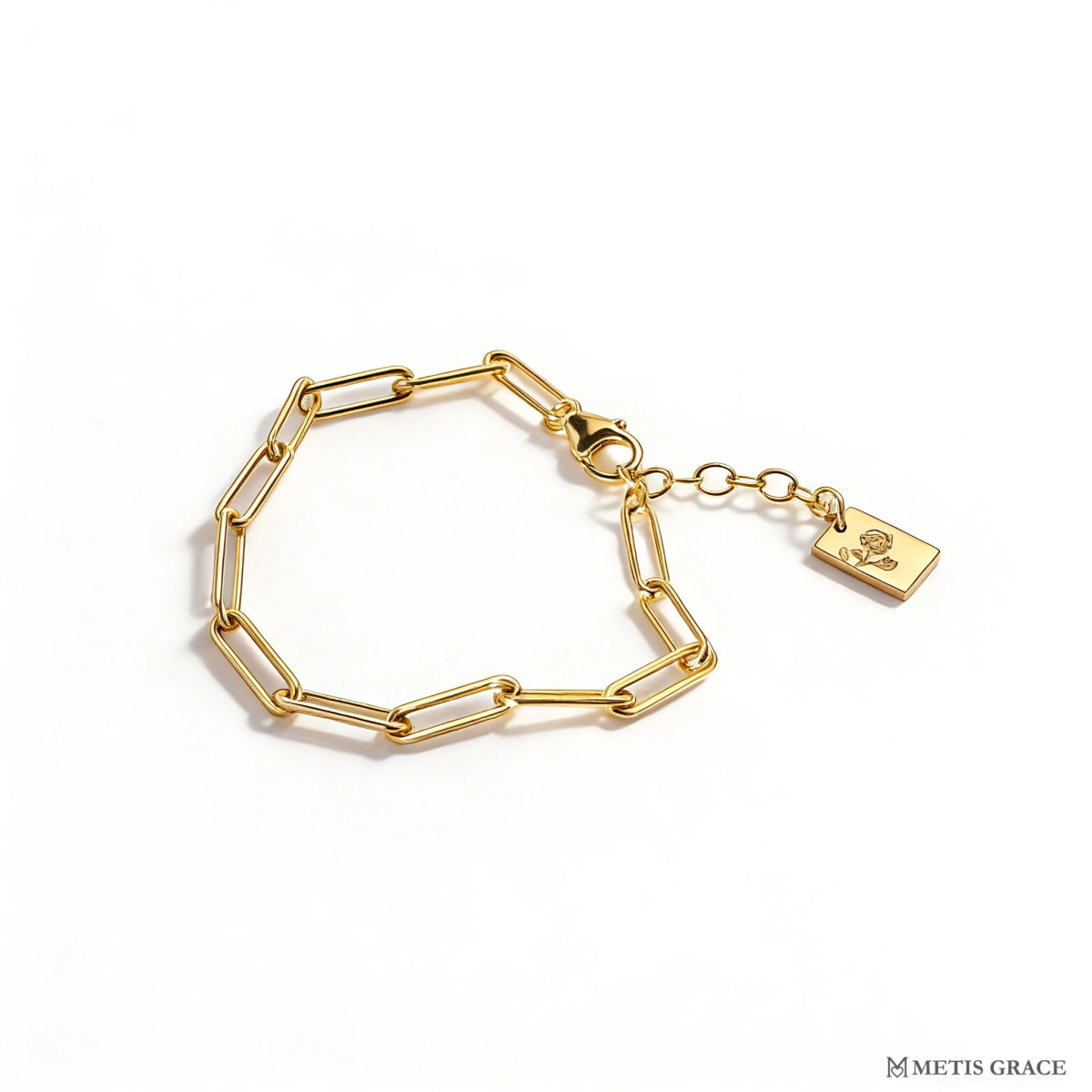 Custom S925 Silver Paperclip Birth Flower Bracelet - Metis Grace