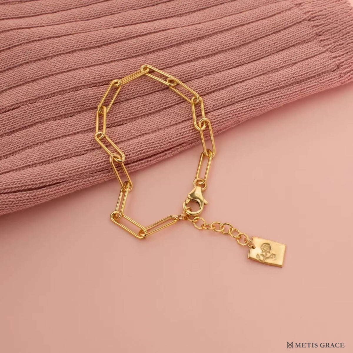 Custom S925 Silver Paperclip Birth Flower Bracelet - Metis Grace