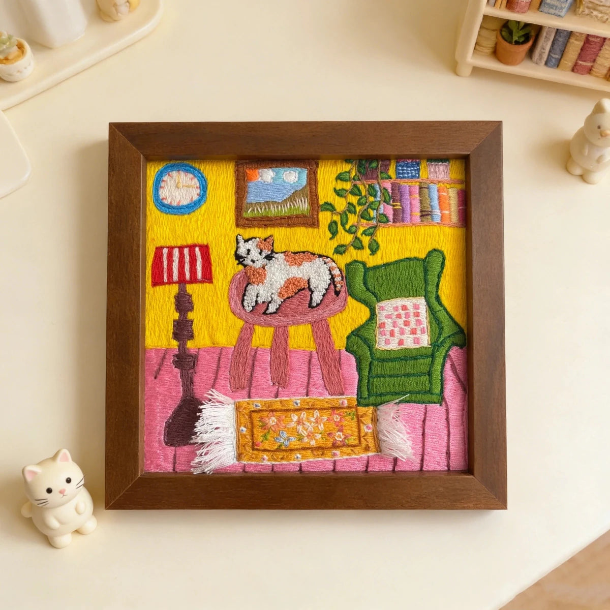 Hand Embroidered Cat Cozy Room Framed Art - Metis Grace
