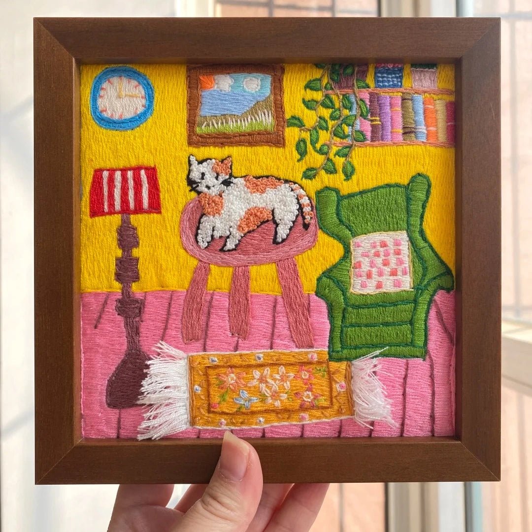 Hand Embroidered Cat Cozy Room Framed Art - Metis Grace