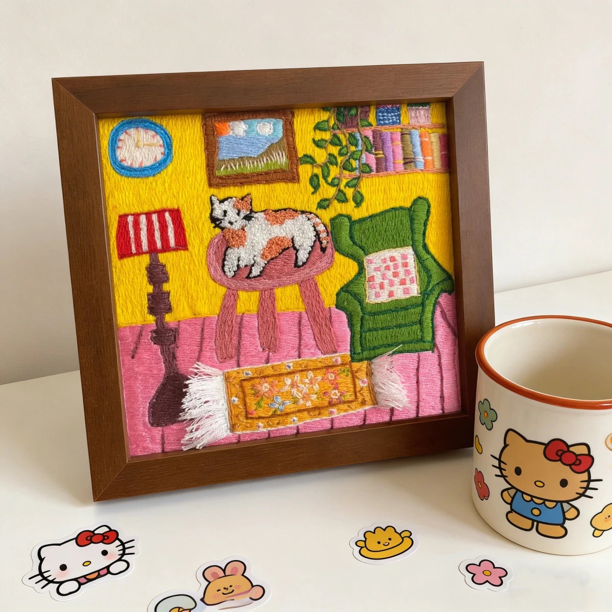 Hand Embroidered Cat Cozy Room Framed Art - Metis Grace