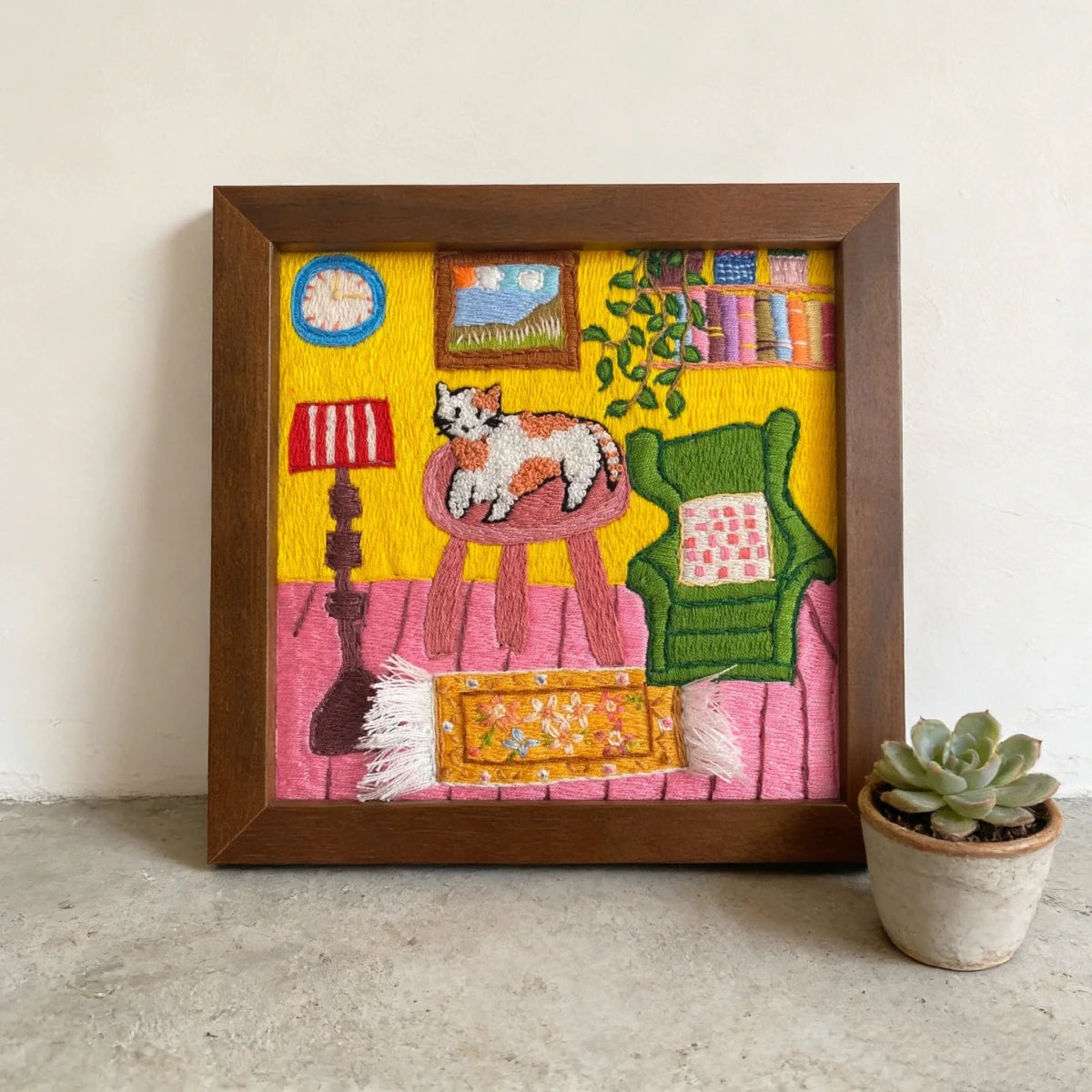 Hand Embroidered Cat Cozy Room Framed Art - Metis Grace