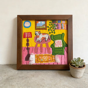 Hand Embroidered Cat Cozy Room Framed Art - Metis Grace