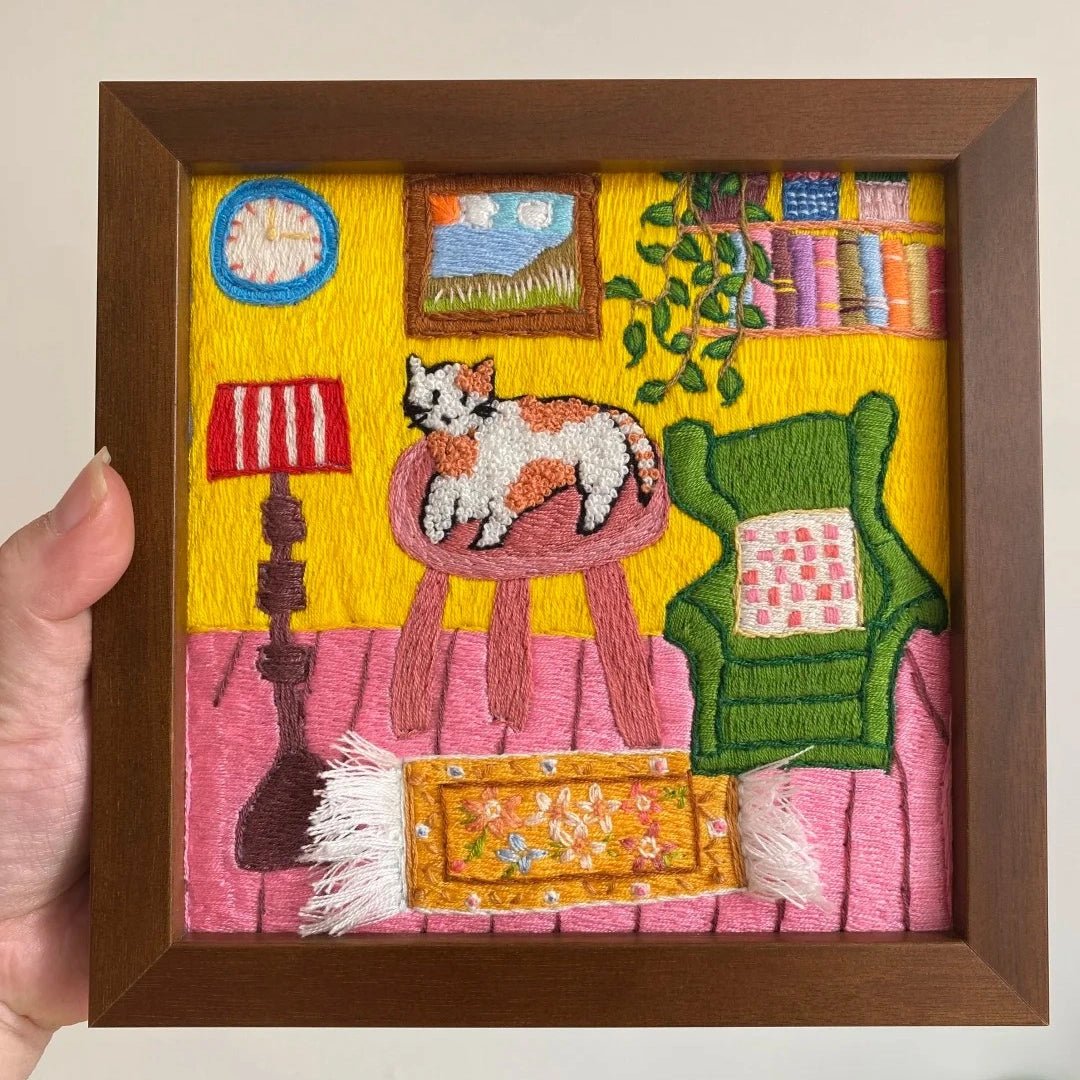 Hand Embroidered Cat Cozy Room Framed Art - Metis Grace