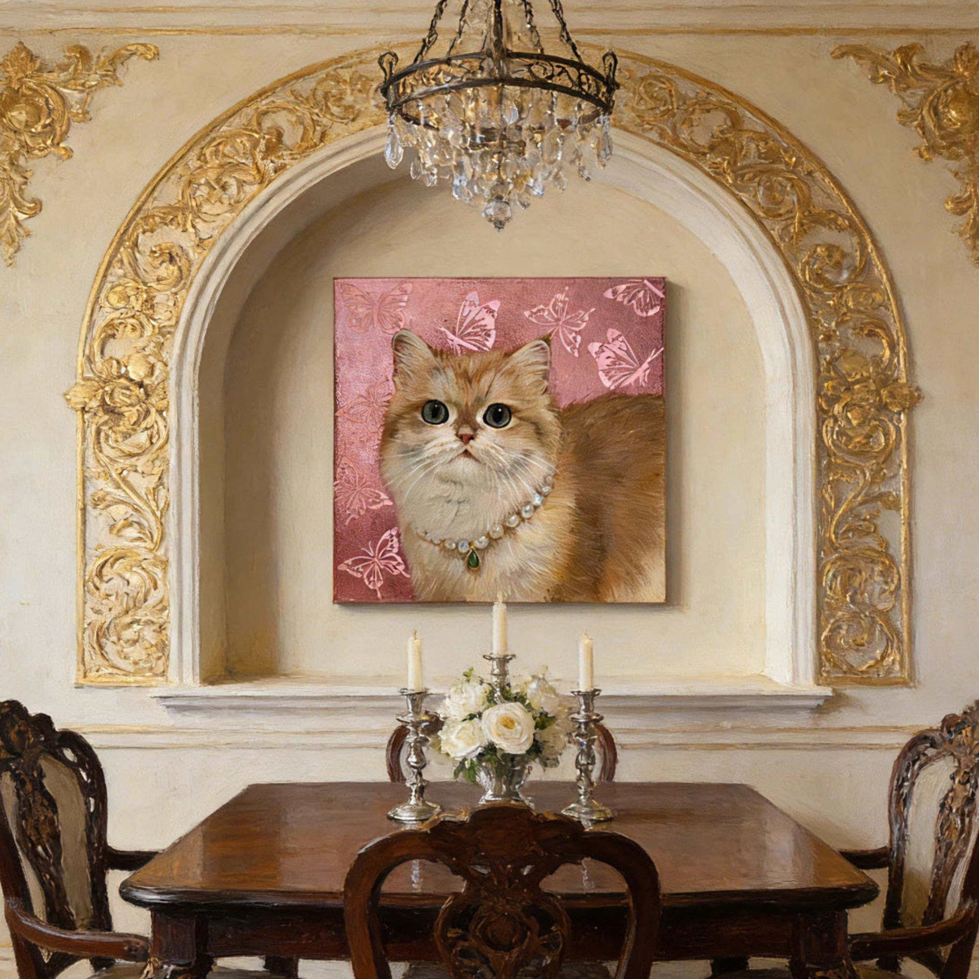 Hand - Painted Custom Pet Portrait – Square Canvas | Pink Butterfly Background - Metis Grace