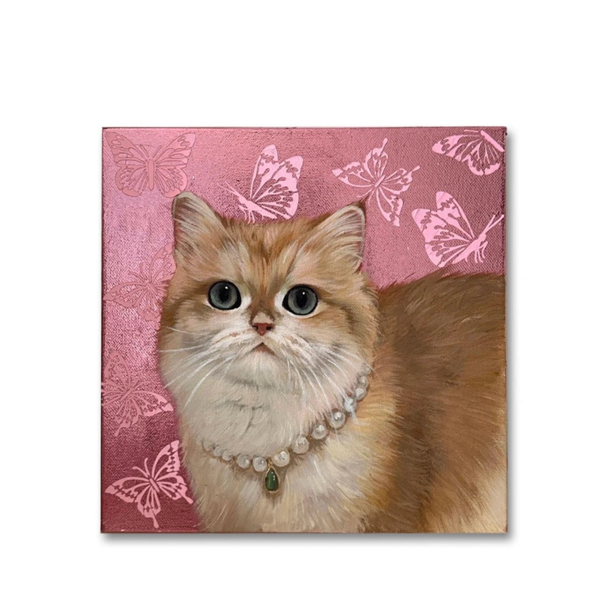 Hand - Painted Custom Pet Portrait – Square Canvas | Pink Butterfly Background - Metis Grace