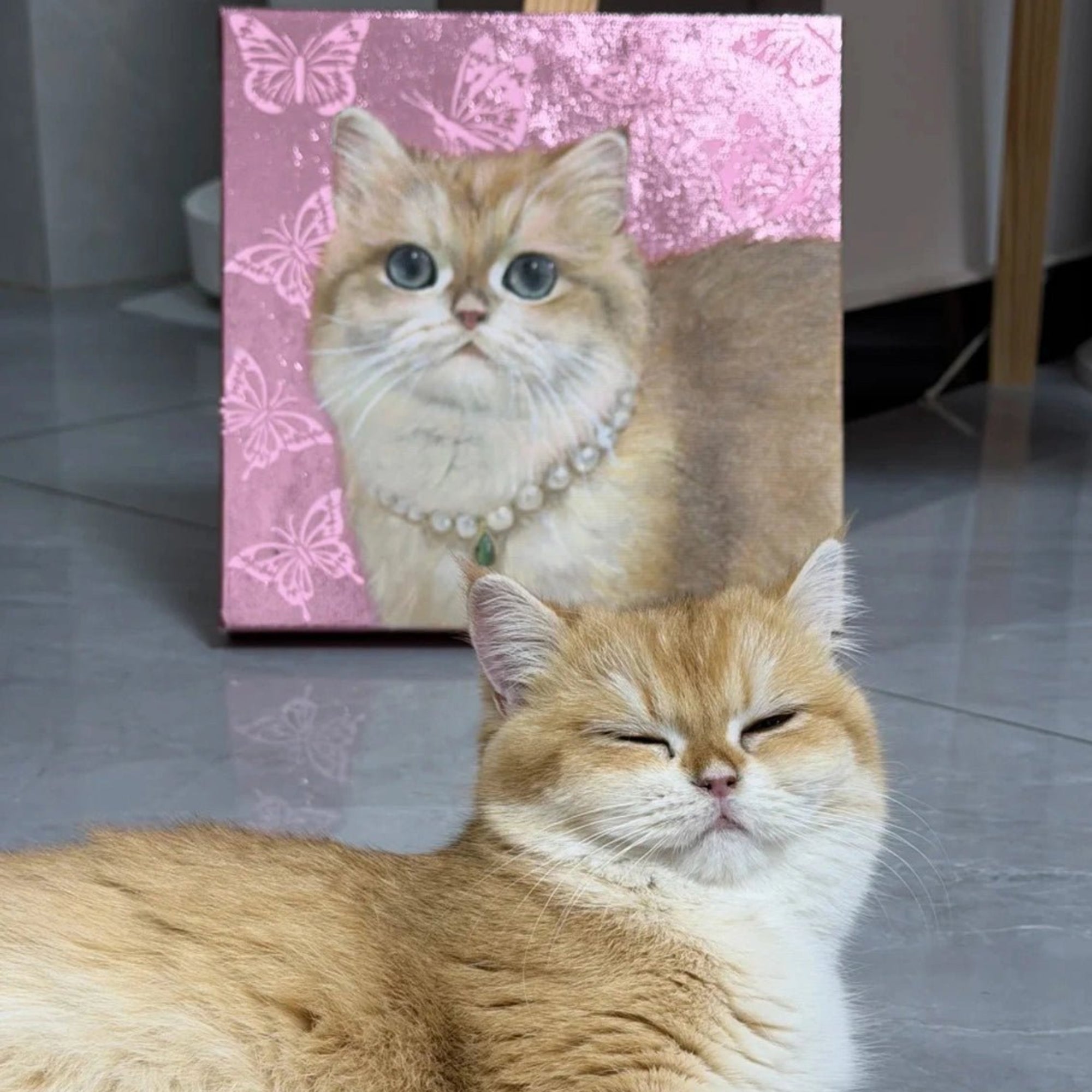 Hand - Painted Custom Pet Portrait – Square Canvas | Pink Butterfly Background - Metis Grace