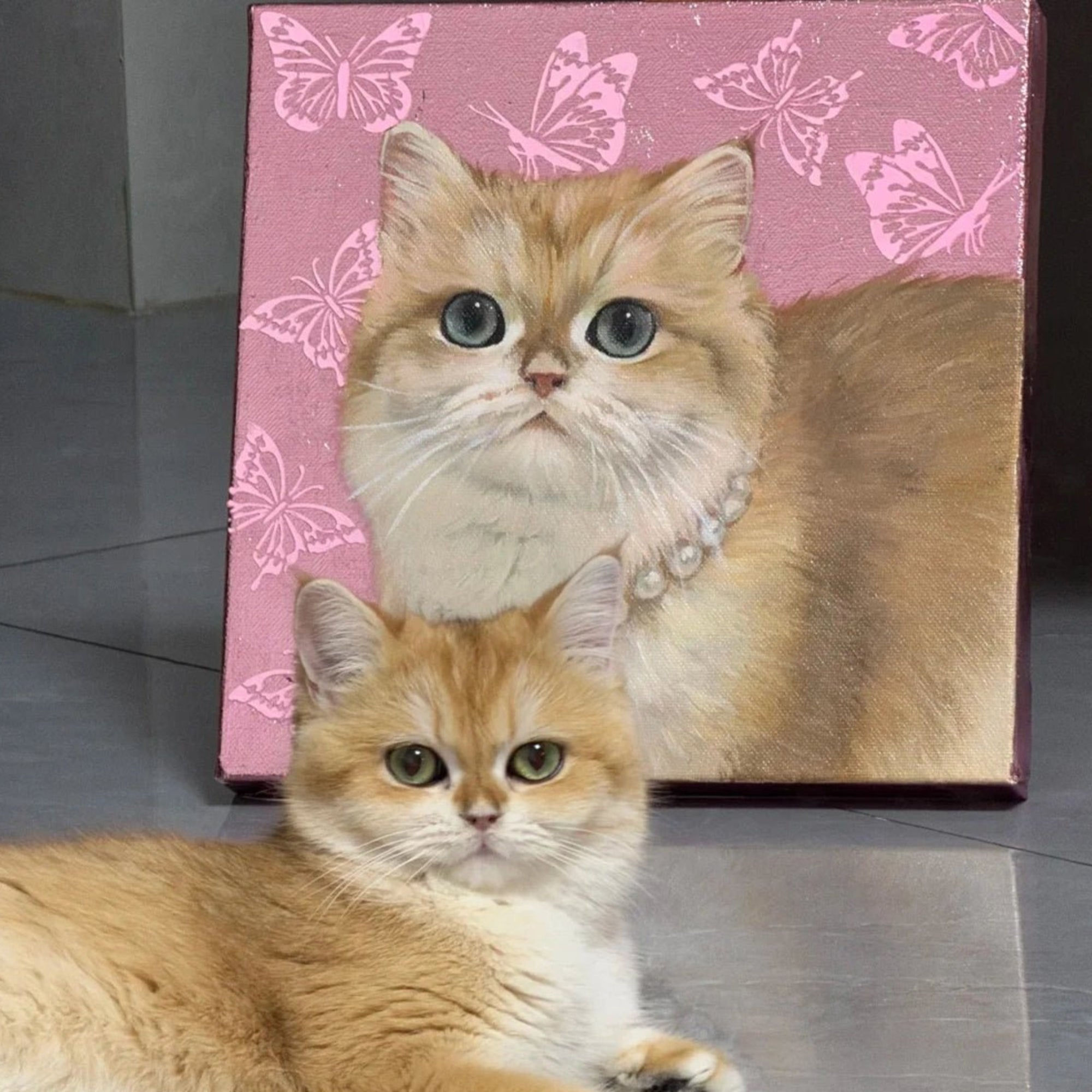 Hand - Painted Custom Pet Portrait – Square Canvas | Pink Butterfly Background - Metis Grace