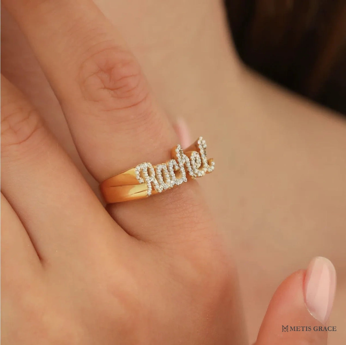S925 3D Custom Name Ring with Diamond - Metis Grace