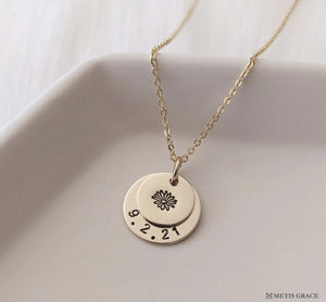 S925 Birth Flower Disc Necklace - Custom Engraved - Metis Grace