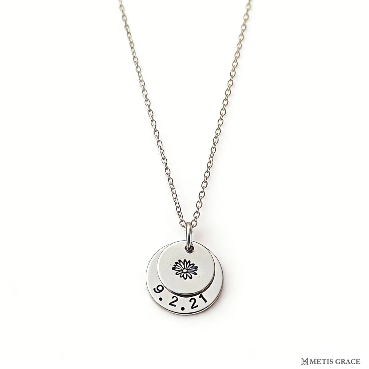 S925 Birth Flower Disc Necklace - Custom Engraved - Metis Grace