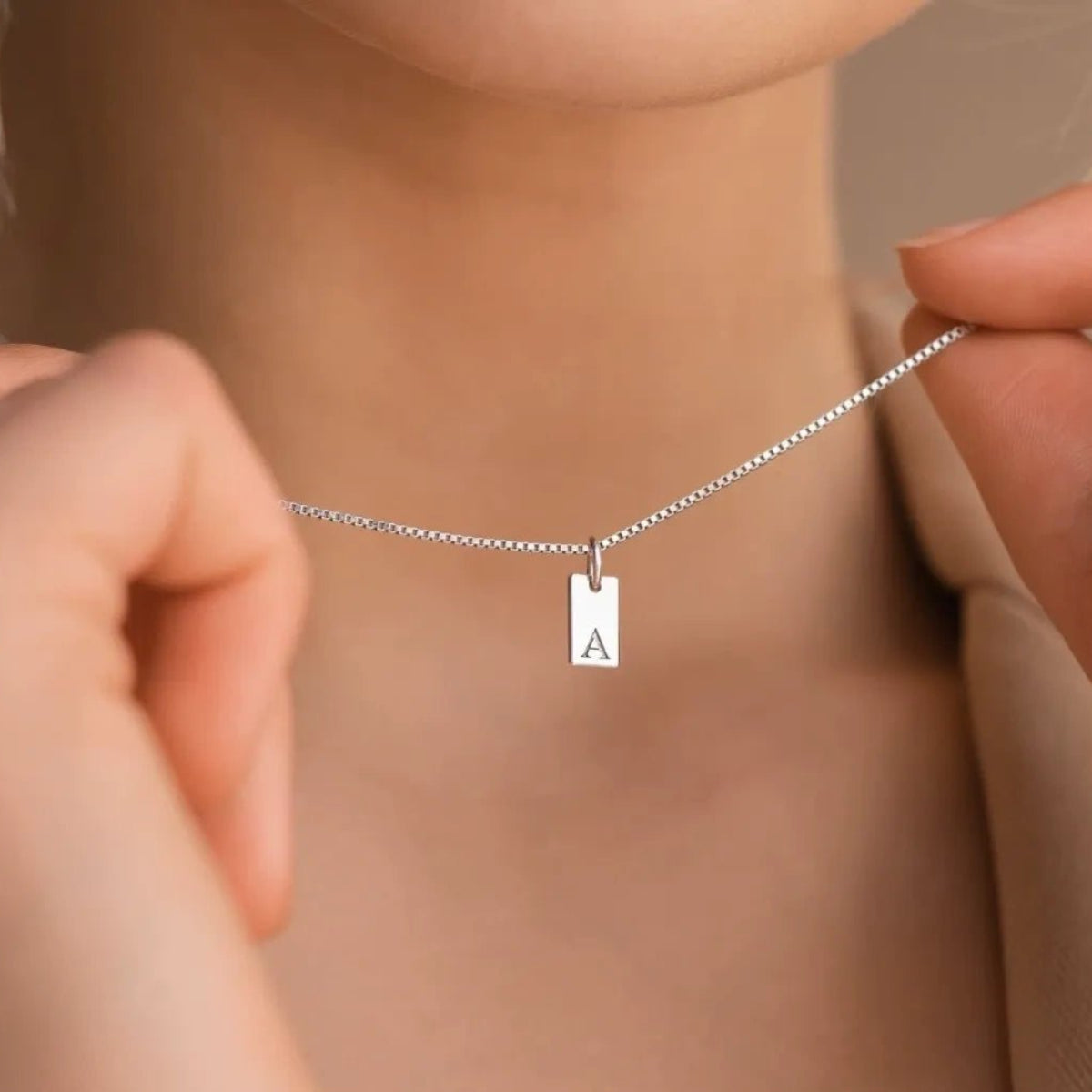 S925 Sterling Silver Alphabet Square Pendant Necklace - Metis Grace