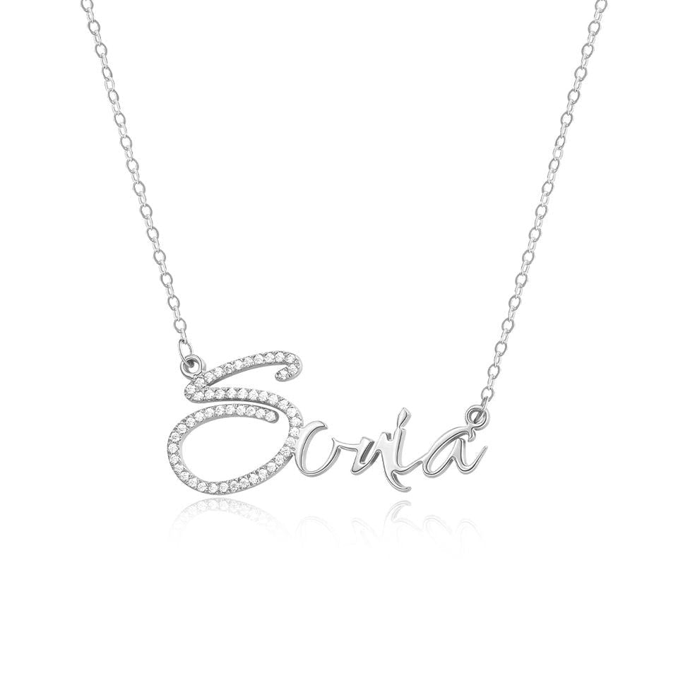S925 Sterling Silver Initial Name Necklace with CZ Accent - Metis Grace