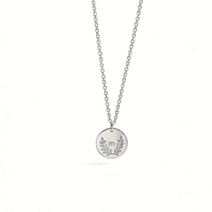 S925 Sterling Silver Leaf Round Initial Pendant Necklace - Metis Grace
