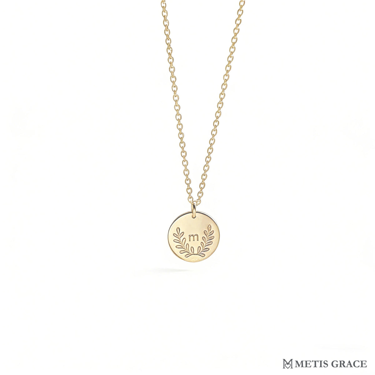 S925 Sterling Silver Leaf Round Initial Pendant Necklace - Metis Grace